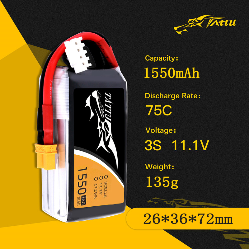 TATTU 3S 11.1V 1550mAh 75C LiP - огляд і ціна Drone Battery 3S